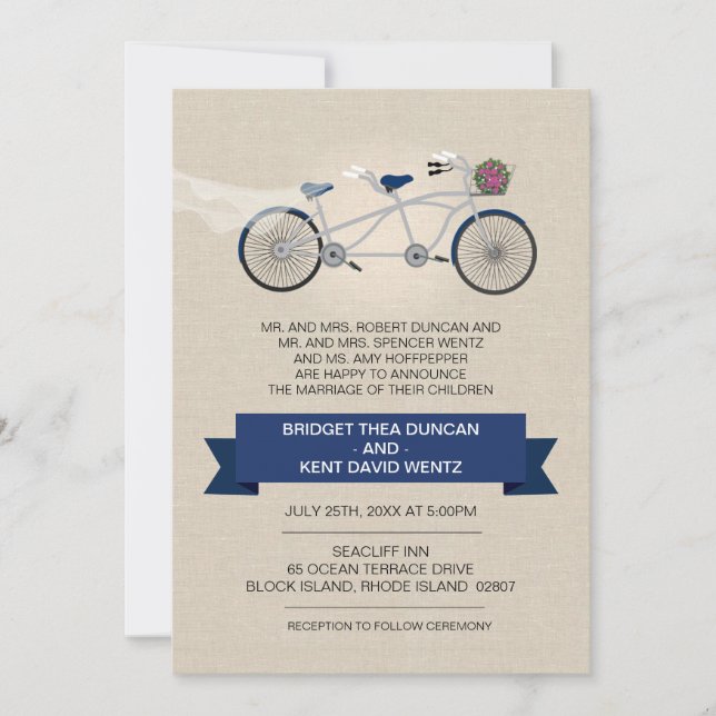 Convites Casamento de Bicicleta Azul Tandem, Faux Linen Dar (Frente)