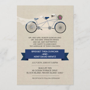 Convites Casamento de Bicicleta Azul Tandem, Faux Linen Dar
