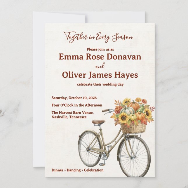 Convites Casamento de Bicicleta Rústica Colheita de Outono (Frente)