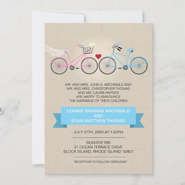 Convites Casamento de Bicicletas de Estilo Linen (Frente)