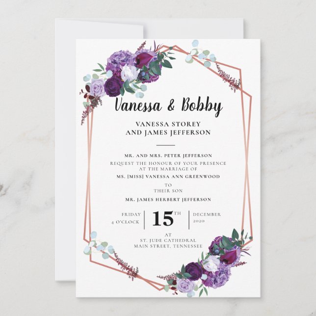 Convites Casamento de Bloom Geométrico Floral Roxo (Frente)