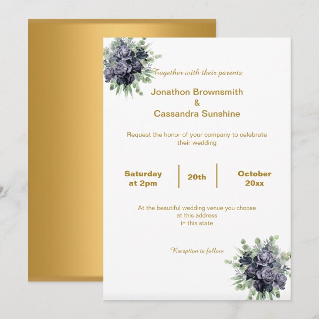CONVITES CASAMENTO DE BLOSSOM AZUL DOURADO SIMPLES E ELEGAN (Frente/Verso)