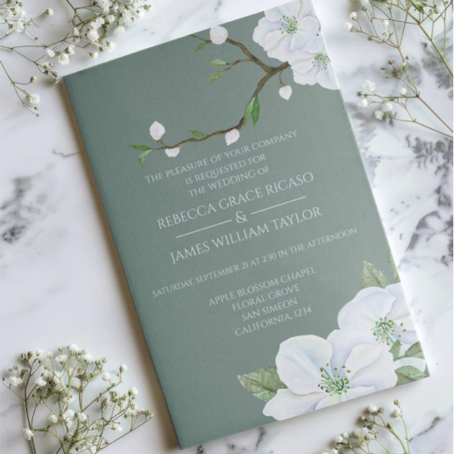 Convites Casamento de Blossom de Maçã Branca Elegante (Elegant White Apple Blossom Wedding Invitations by Ricaso. Stunning green & white invites )