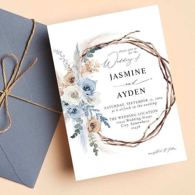 Convites Casamento de Blue & Beige Boho Floral (Criador carregado)