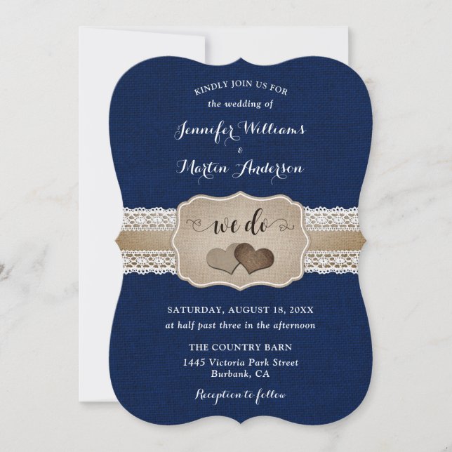 Convites Casamento de Blue Burlap e Renda (Frente)