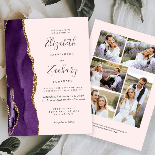 Convites Casamento de Blush de Agate Dourado com 5 Fotograf (Criador carregado)