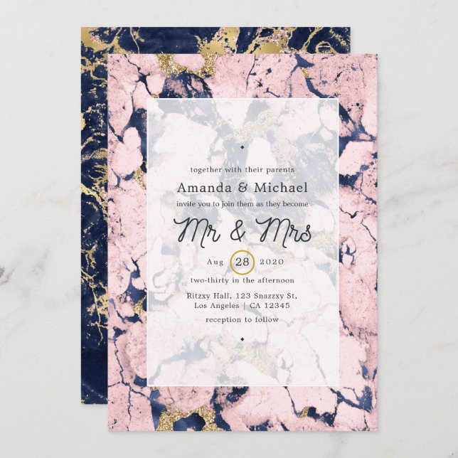 Convites Casamento de Blush e Marinho Marble (Frente/Verso)