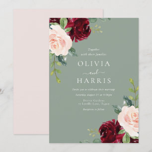 Convites Casamento de Blush e Sage Floral Watercolor Burgun