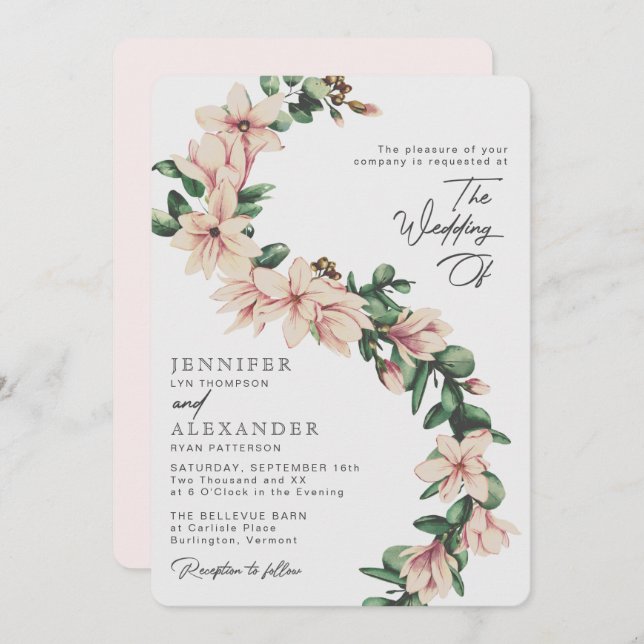 Convites Casamento de Blush Elegante Magnolia Floral Eucaly (Frente/Verso)