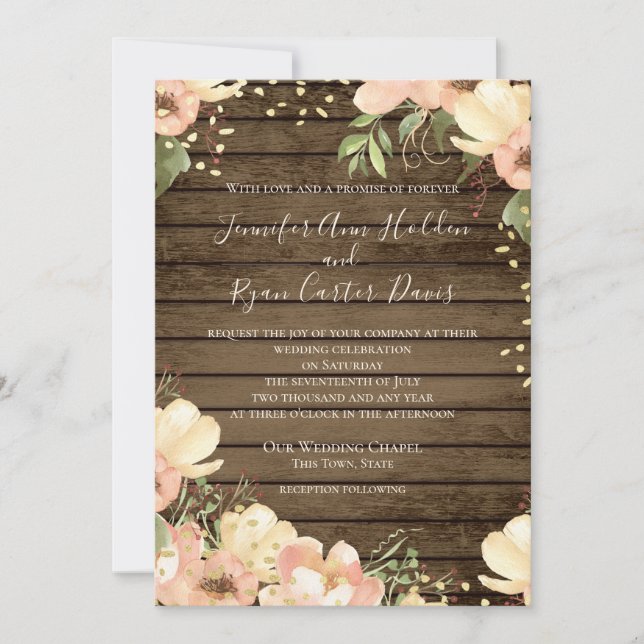 Convites Casamento de Blush Floral Rustic Wood Watercolor (Frente)