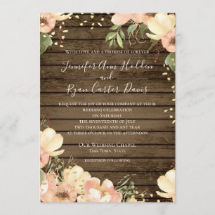 Convites Casamento de Blush Floral Rustic Wood Watercolor