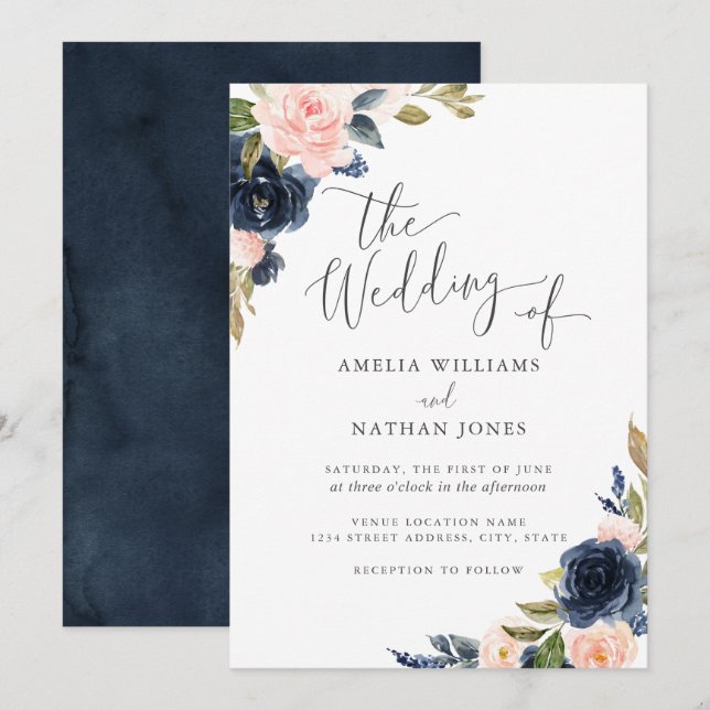 Convites Casamento de Blush Naval Floral Aquarela Moderna (Frente/Verso)
