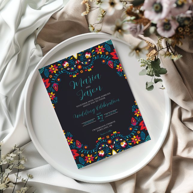 Convites Casamento de Boda Elegante Preto-Floral Mexicano (Mexican Black Floral Colorful Elegant Boda Wedding Invitation)