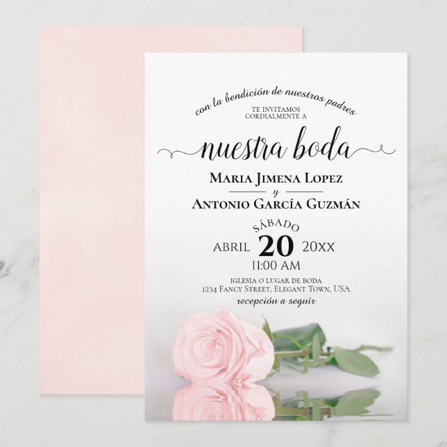 Convites Casamento de Boda, Nuestra Espanhola Rosa Elegante (Frente/Verso)