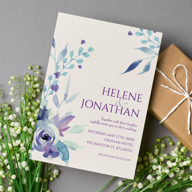 Convites Casamento de Boho Azul com Derrame Floral Dusty El (Criador carregado)