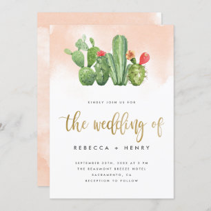 Convites Casamento de Boho Blush Pink Watercolor e Cactus