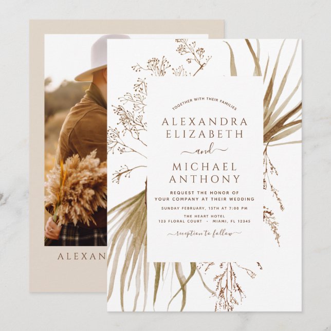 Convites Casamento de Boho Boêmia com Foto Grass Pampas (Frente/Verso)