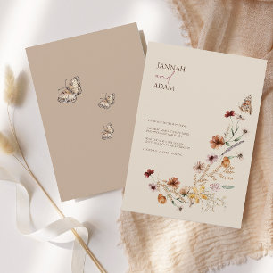 Convites Casamento de Boho Brown com flores e borboletas