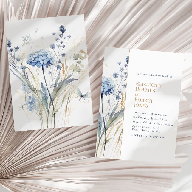 Convites Casamento de Boho Chic French Blue Wildflower (Boho Chic French Blue Wildflowers Wedding Invitation  on a sunny neutral dry palm leaf.)