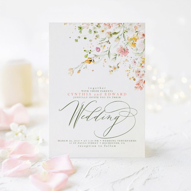 Convites Casamento de Boho com flores silvestres do Verão E (Soft Wildflowers Wedding Invitations)