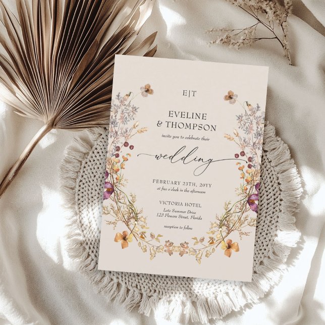 Convites Casamento de Boho com flores silvestres do Verão E (Elegant Summer Meadow Wildflowers Boho Wedding Invitation)