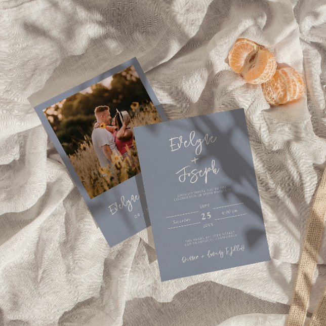 Convites Casamento de Boho com Foto Moderna e Azul Minimali (Criador carregado)
