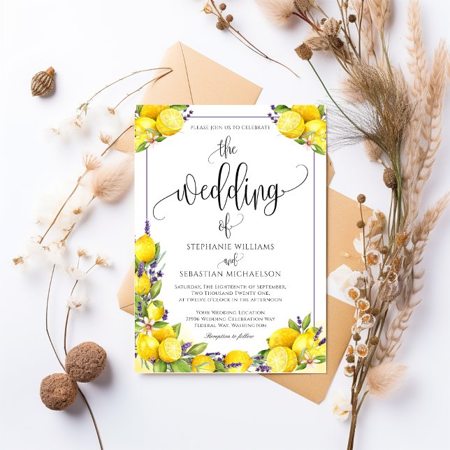 Convites Casamento de Boho com Lavanda de Limão de Aquarela (Watercolor Lemon Lavender Boho Wedding Invitation)