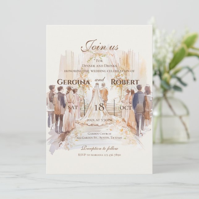 Convites Casamento de Boho com noiva e silhueta nobre (Em pé/Frente)