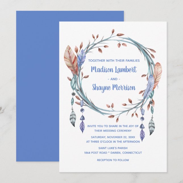 Convites Casamento de Boho com Penas Azuis Nativas American (Frente/Verso)