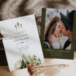 Convites Casamento de Boho de Árvore de Pinheira Rustic Wat<br><div class="desc">Este convite para o casamento contém pinheiros verde-aquarela rusticados e uma fonte manuscrita boêmica. Edite todos os textos e fontes para corresponder ao seu estilo de casamento. Altere a foto no verso para adicionar um toque pessoal. Este convite de casamento é perfeito para o seu casamento na montanha ou na...</div>