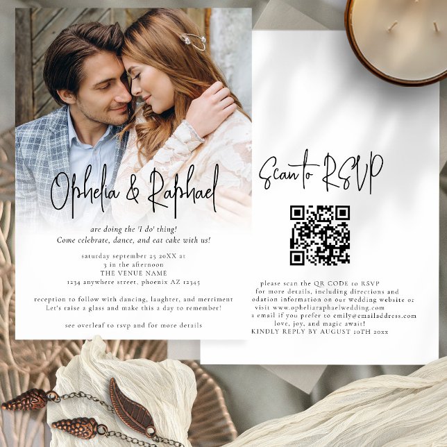 Convites Casamento de Boho de Código QR de Script Informal  (Front and back view)