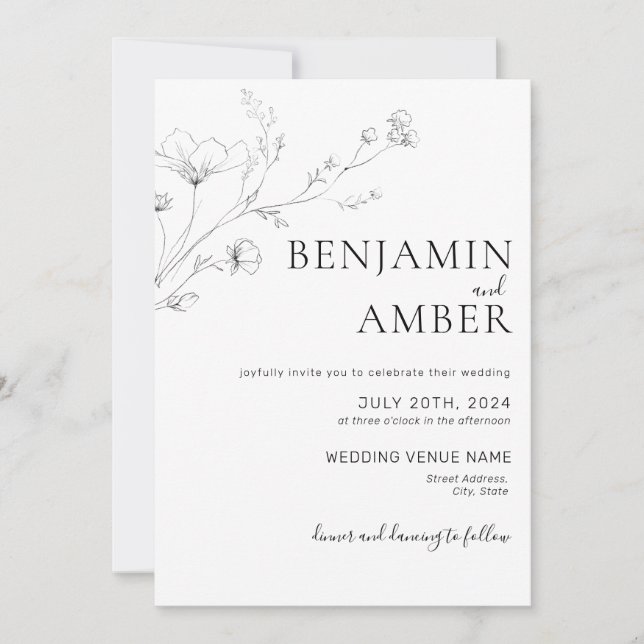 Convites Casamento de Boho de Desenho de Flor Selvagem Mini (Frente)