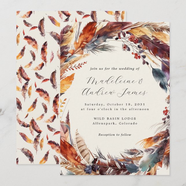 Convites Casamento de Boho Feather Fall Wreath Calliografia (Frente/Verso)