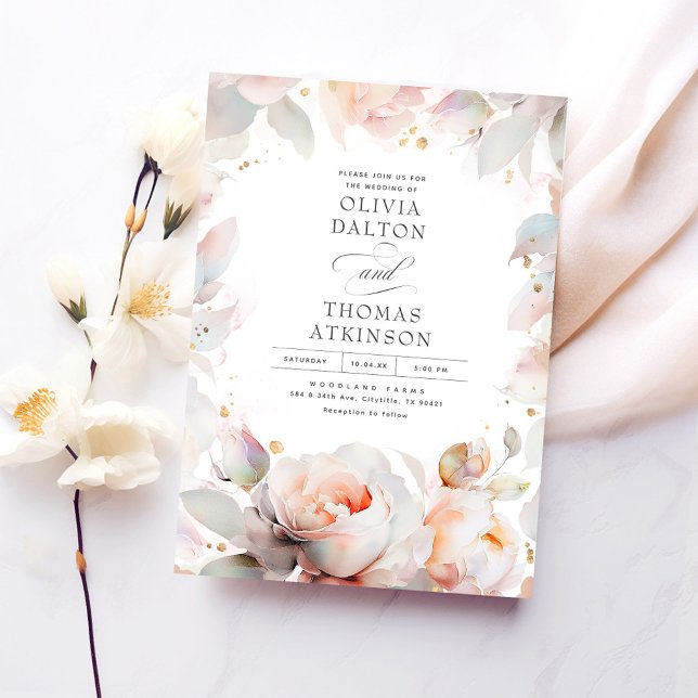 Convites Casamento de Boho Floral de Pêssego Suave Elegante (Botanical Roses Romantic Wedding Invitations)