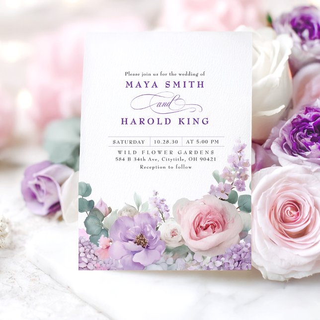 Convites Casamento de Boho Floral, de Roxo Botânico e Rosa (Purple and Pink Flowers Wedding Invitations)