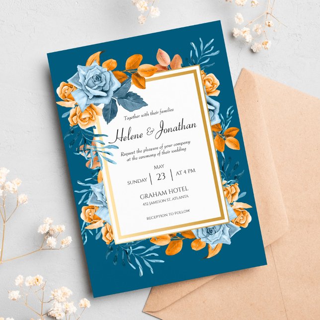 Convites Casamento de Boho Floral do Indigo Rust Rustic Ele (Elegant Rustic Indigo Rust Floral Boho Wedding Invitation)
