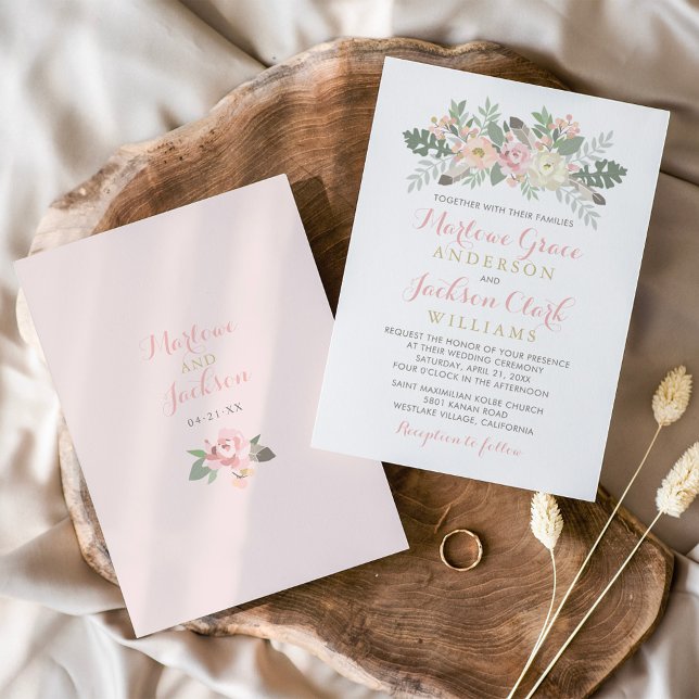 Convites Casamento de Boho Floral Dourado e Rosa Esbranquiç (Criador carregado)