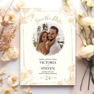 Convites Casamento de Boho Foto de Flores Selvagens Dourada