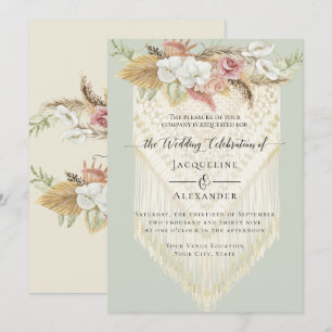 Convites Casamento de BoHO Greenery Pink Pampas Mint