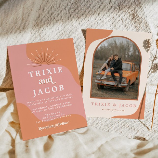 Convites Casamento de Boho Groovy com Foto Archada Retroati (Criador carregado)