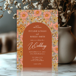 Convites Casamento de Boho groovy terracotta e flores rosa
