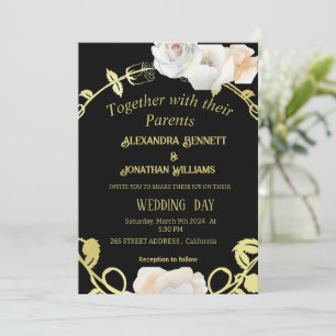 Convites Casamento de Boho Moderno Floral Negro e Dourado