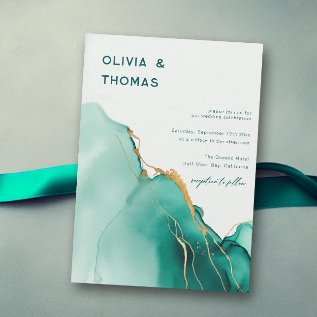 Convites Casamento de Boho Praia Romântica Dourada Emerald (emerald green gold modern wedding invitation romantic beach waves elegant bohemian chic luxury boho)
