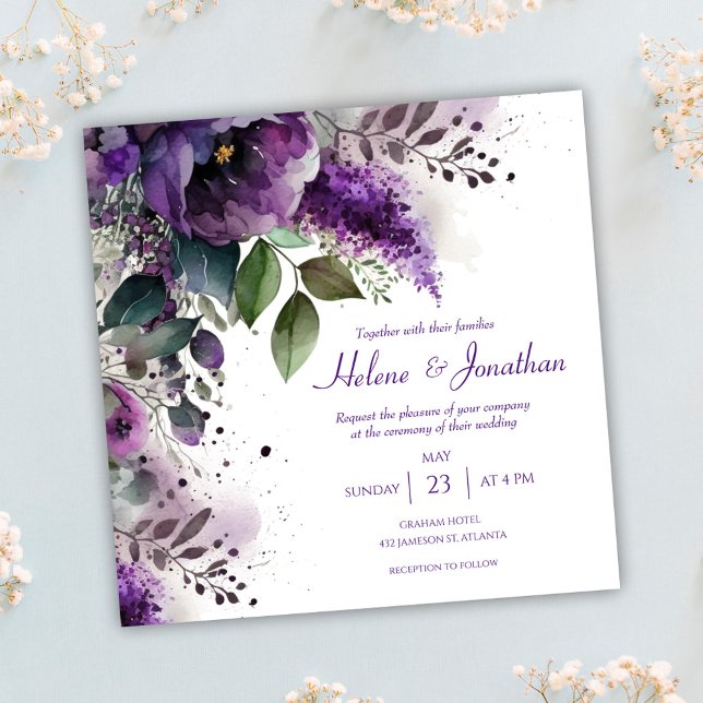 Convites Casamento de Boho Puro com Aquarela Floral Elegant (Elegant Floral Watercolor Purple Boho Wedding Invitation)