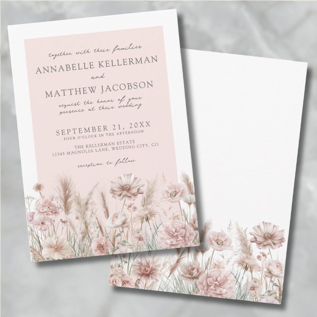 Convites Casamento de Boho Rosa Rosa Pincelado Floral Pampa (Botanical Pampas Floral Blush Pink Boho Wedding Invitation)