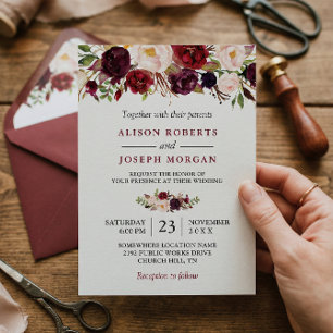 Convites Casamento de Boho Russo Floral Vermelho Burgundy