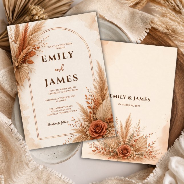 Convites Casamento de Boho Terracota com Grama das Pampas (Criador carregado)