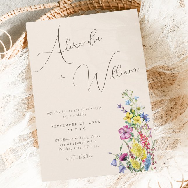 Convites Casamento de Boho Wildflower do Script Moderno (Criador carregado)