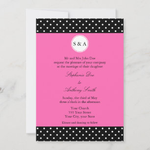 Convites Casamento de Bolinhas preto branco monograma, rosa
