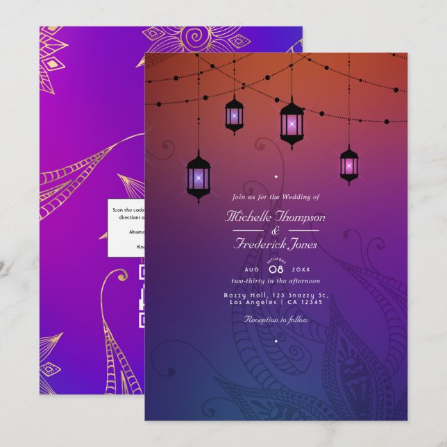Convites Casamento de Bollywood Árabe com código QR RSVP (Frente/Verso)